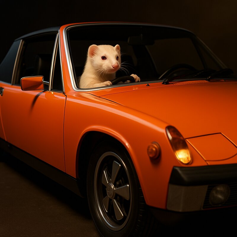 An albino ferret driving an orange Porsche 914-6
